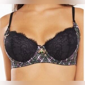 New! Savage x Fenty Plaid Lace Bra Brooch Pin Charms Black A Little Tart Sz 34B